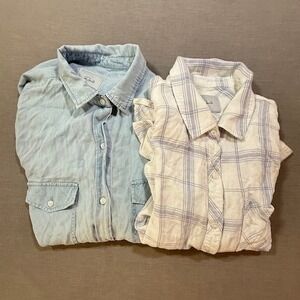 Lot Of 2 Rails Chambray Denim Shirt & Plaid Button Down Top Size L Long‎ Sleeve.